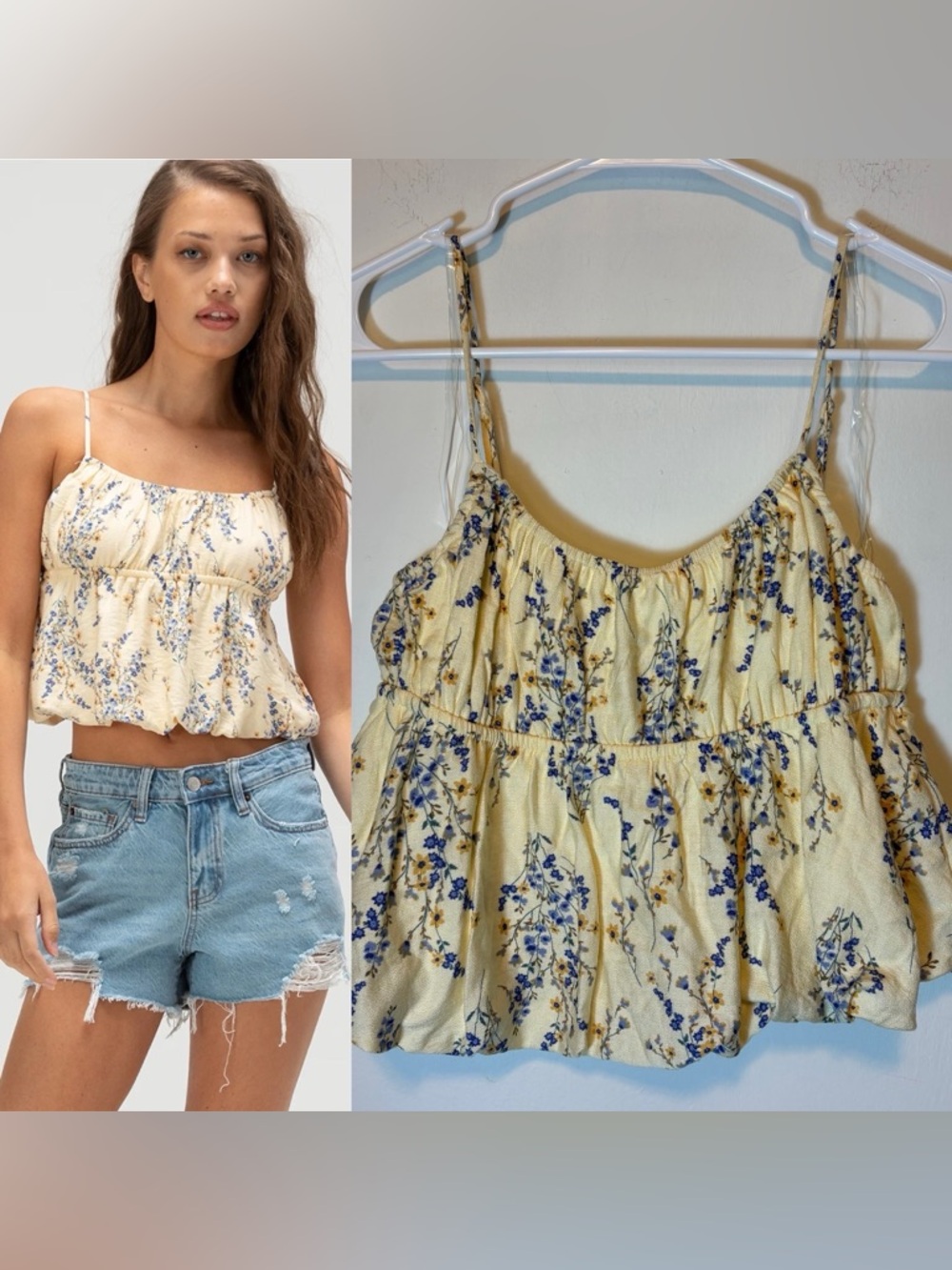RSQ Flouncy Yellow Camisole Tank With Blue Floral Print Size M Tie Back